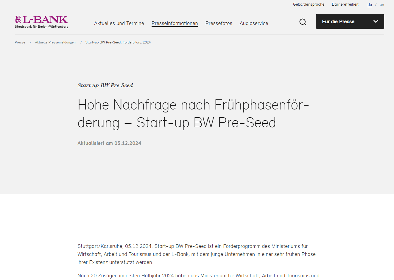 Presseinfo der L-Bank zu Investment in AICU