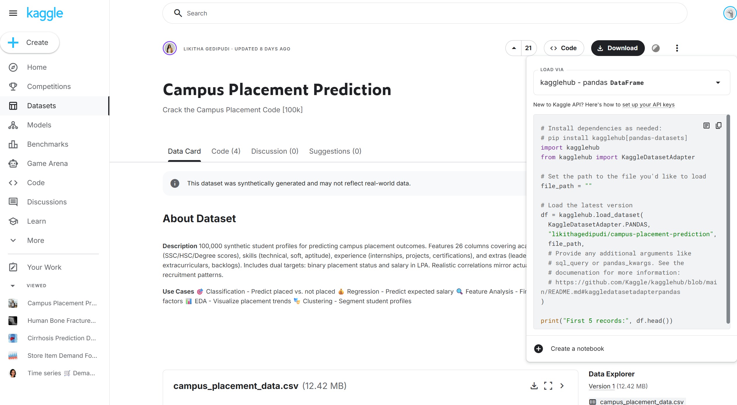 Kaggle Dataset in UI