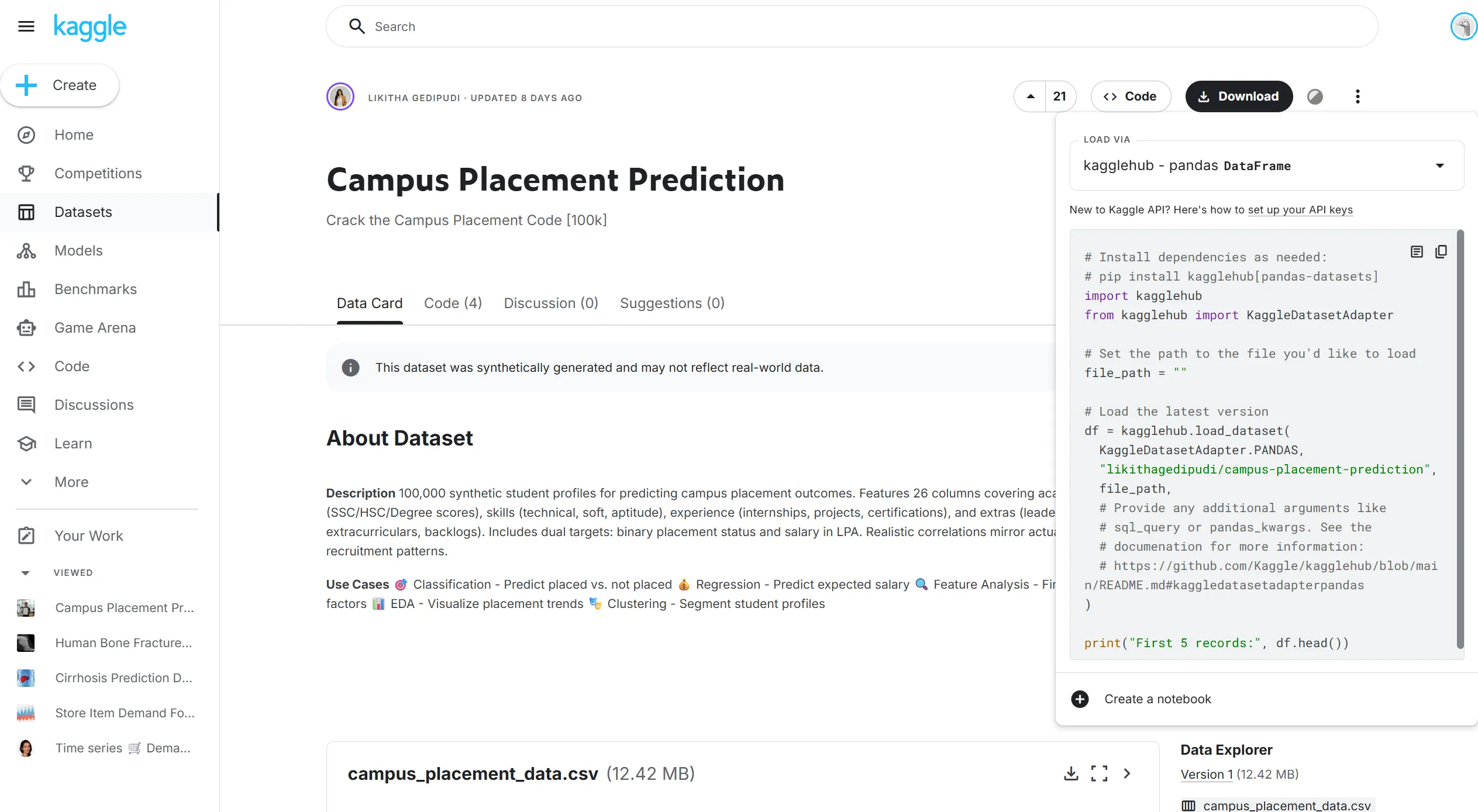 Kaggle Dataset in UI